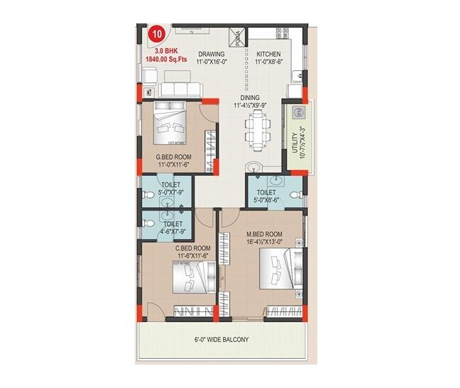 Floor plan of 3 BHK 1840 Sq. Ft. Apartment in Sravya The Bilwa, Hyderabad