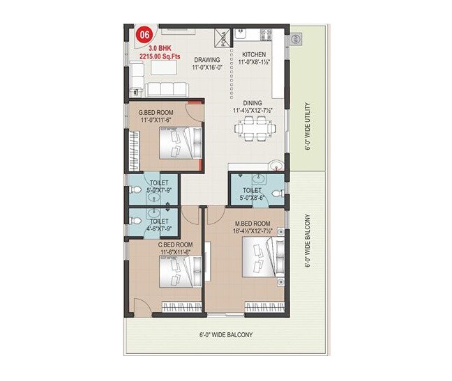 Floor plan of 3 BHK 2215 Sq. Ft. Apartment in Sravya The Bilwa, Hyderabad