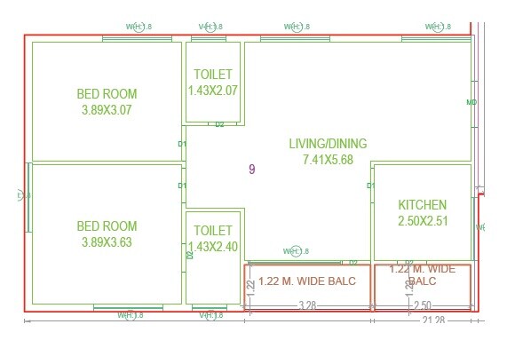 Floor plan of 2 BHK 1245 Sq. Ft. Apartment in SRC Water Edge, Hyderabad