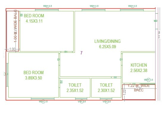 Floor plan of 2 BHK 1300 Sq. Ft. Apartment in SRC Water Edge, Hyderabad