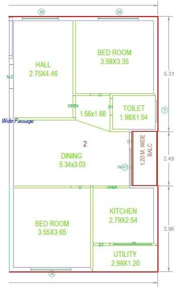 Floor plan of 2 BHK 1232 Sq. Ft. Apartment in Sree Avyaj Sai Elite, Hyderabad