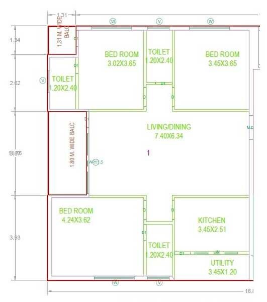 Floor plan of 3 BHK 1530 Sq. Ft. Apartment in Sree Avyaj Sai Elite, Hyderabad