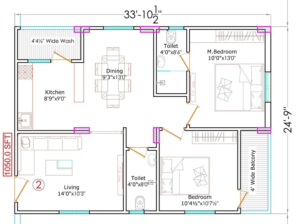 Floor plan of 2 BHK 1050 Sq. Ft. Apartment in Sree Boppanas Pearl, Hyderabad