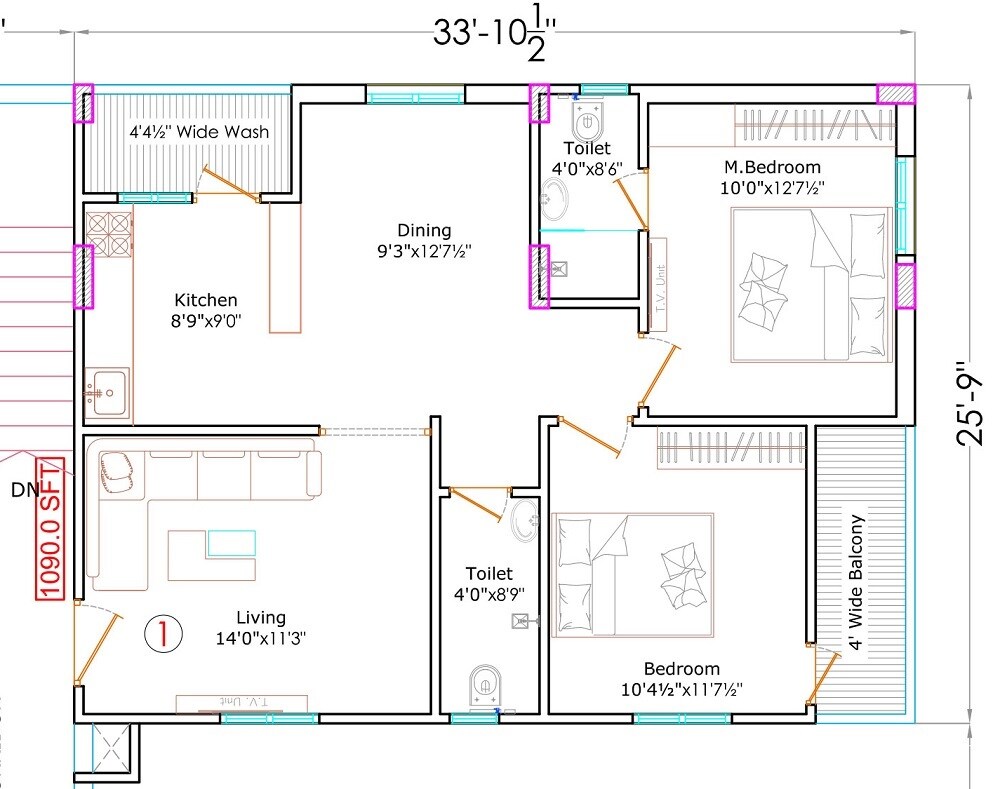 Floor plan of 2 BHK 1090 Sq. Ft. Apartment in Sree Boppanas Pearl, Hyderabad