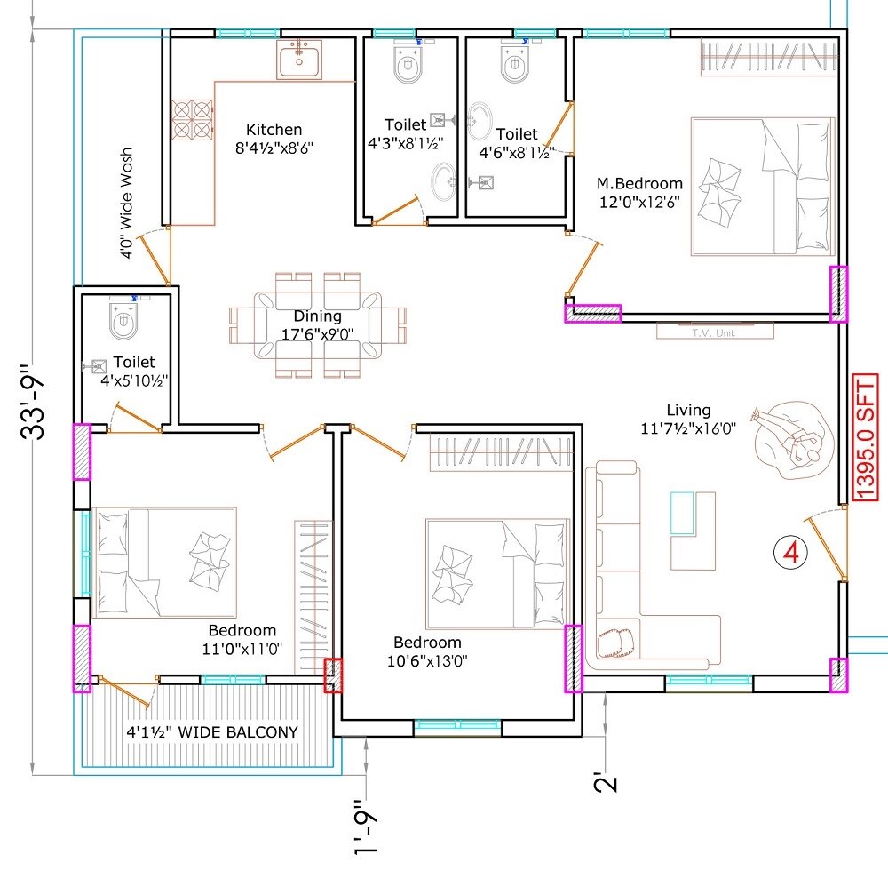 Floor plan of 3 BHK 1395 Sq. Ft. Apartment in Sree Boppanas Pearl, Hyderabad