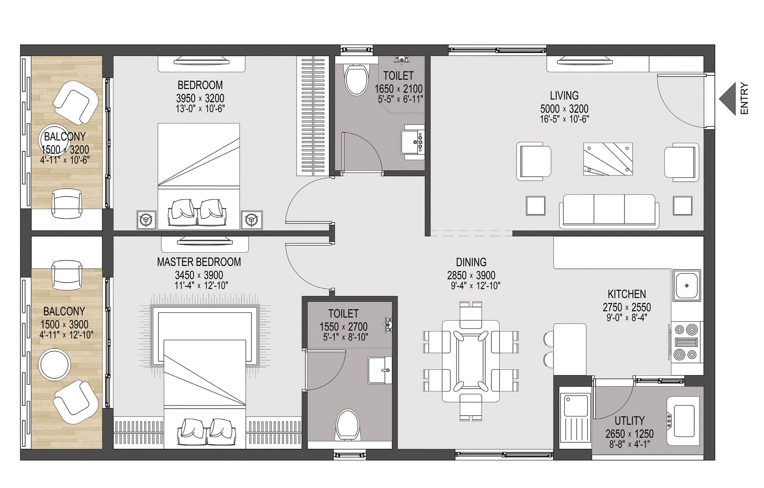 Floor plan of 2 BHK 1370 Sq. Ft. Apartment in Sree Chaitanya Urban Abode, Hyderabad