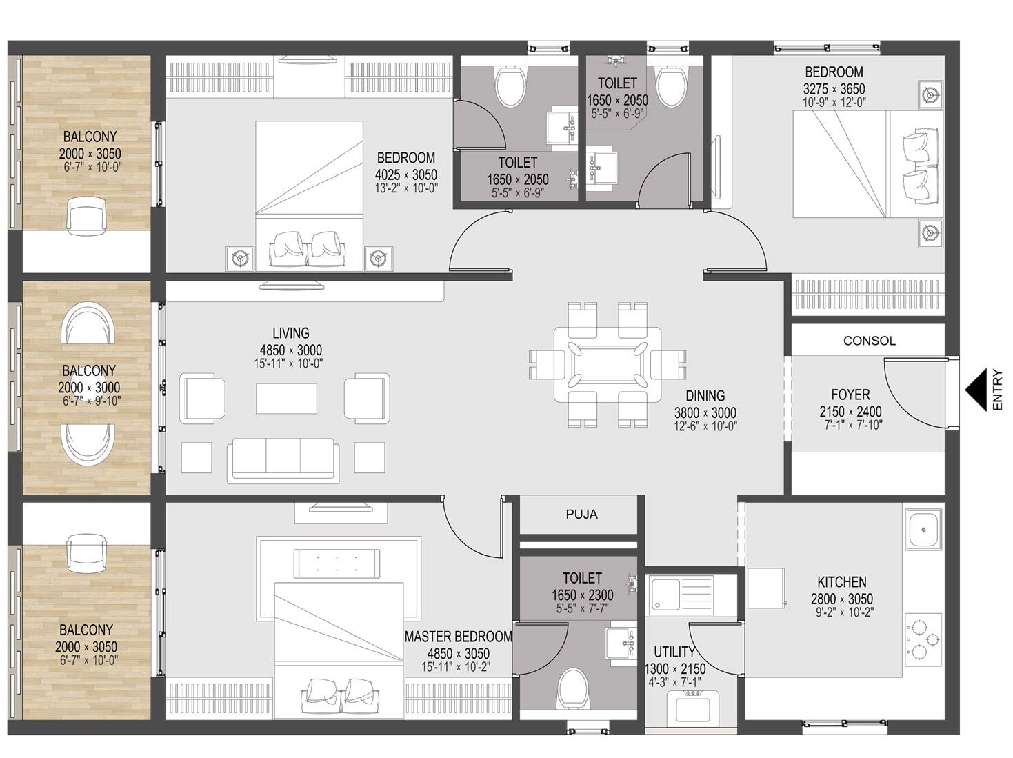 Floor plan of 3 BHK 1835 Sq. Ft. Apartment in Sree Chaitanya Urban Abode, Hyderabad