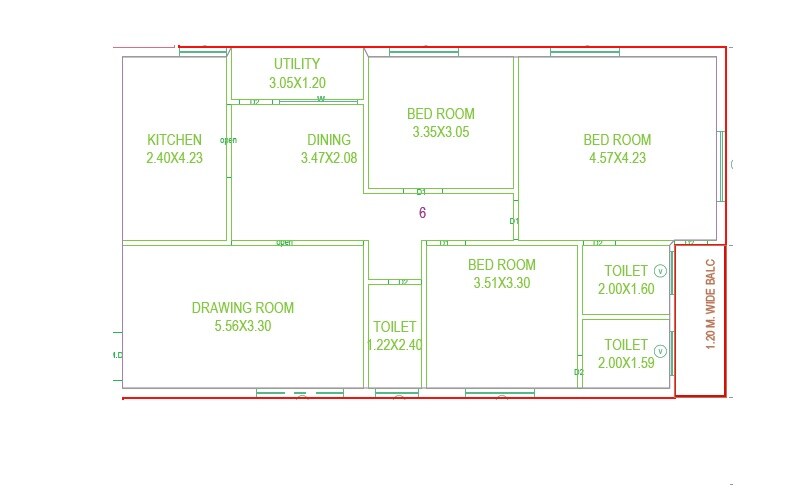 Floor plan of 3 BHK 1569 Sq. Ft. Apartment in Sree Dharani Heights, Hyderabad