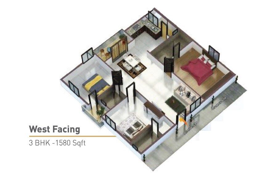 Floor plan of 3 BHK 1580 Sq. Ft. Apartment in Sree Dhatri Nivas, Hyderabad