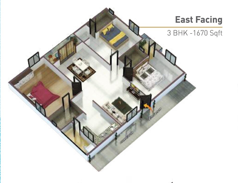 Floor plan of 3 BHK 1670 Sq. Ft. Apartment in Sree Dhatri Nivas, Hyderabad