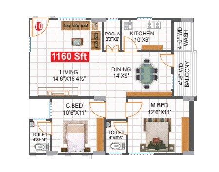 Floor plan of 2 BHK 1160 Sq. Ft. Apartment in Sree Jagadamba Ayaan Residency, Hyderabad