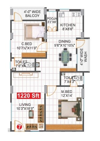 Floor plan of 2 BHK 1220 Sq. Ft. Apartment in Sree Jagadamba Ayaan Residency, Hyderabad