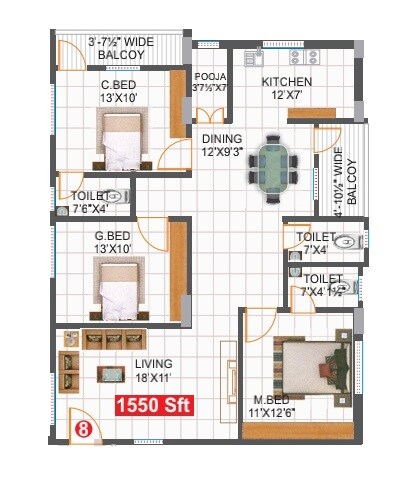 Floor plan of 3 BHK 1550 Sq. Ft. Apartment in Sree Jagadamba Ayaan Residency, Hyderabad