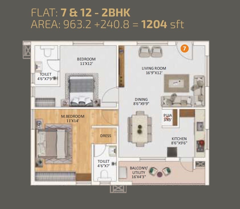 Floor plan of 2 BHK 1204 Sq. Ft. Apartment in Sree Kalpa Luxor, Hyderabad