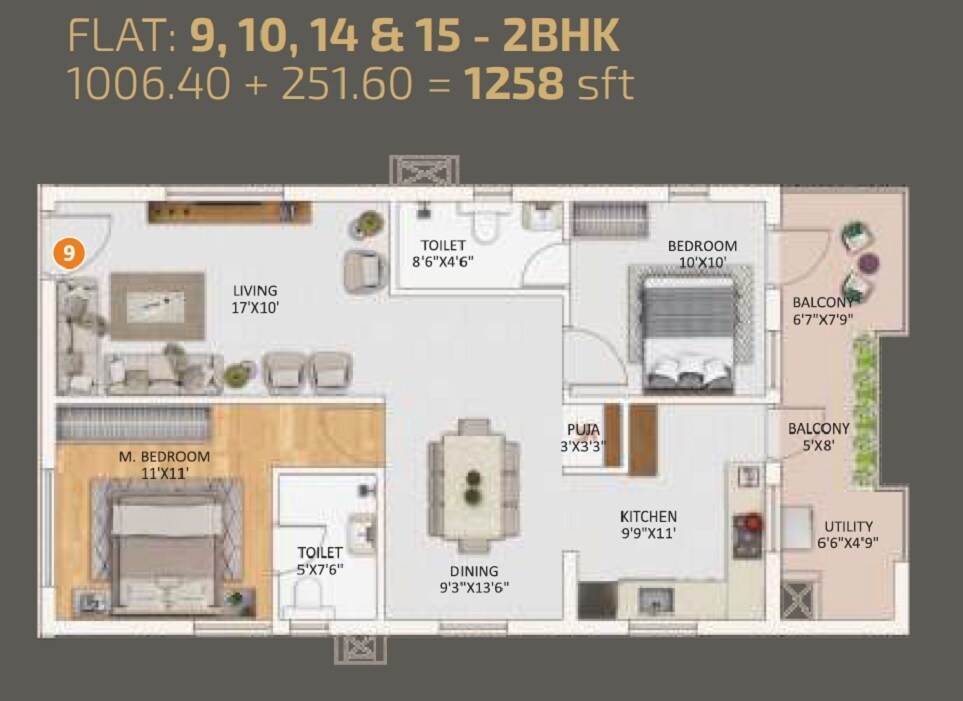 Floor plan of 2 BHK 1258 Sq. Ft. Apartment in Sree Kalpa Luxor, Hyderabad