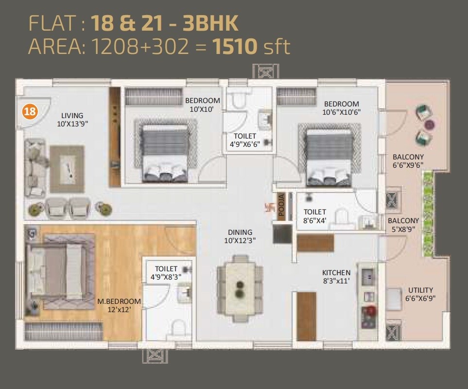 Floor plan of 3 BHK 1510 Sq. Ft. Apartment in Sree Kalpa Luxor, Hyderabad