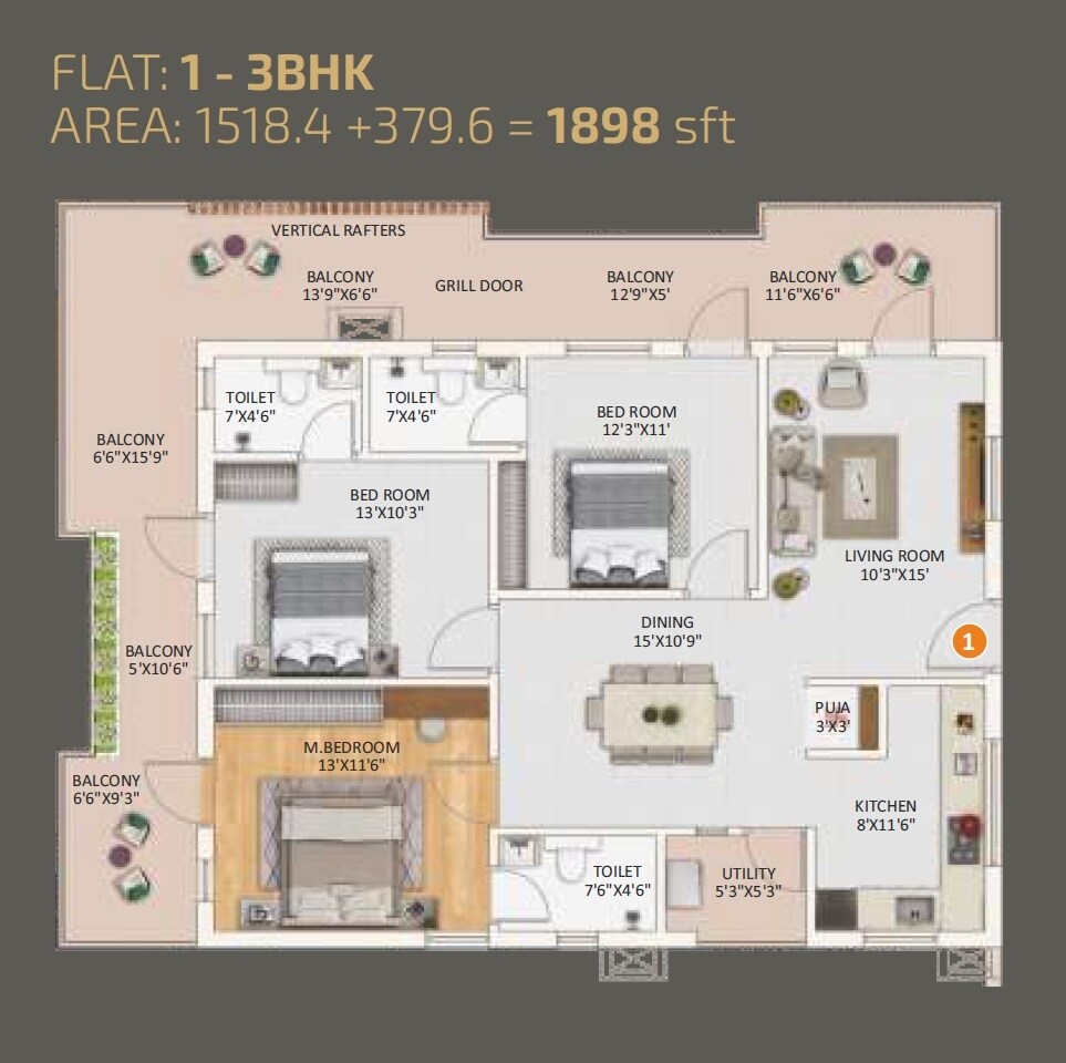 Floor plan of 3 BHK 1898 Sq. Ft. Apartment in Sree Kalpa Luxor, Hyderabad