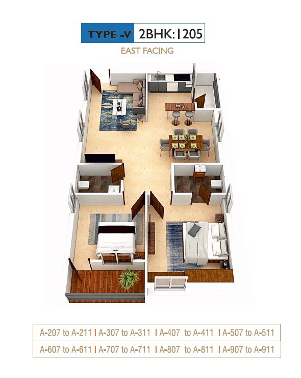 Floor plan of 2 BHK 1205 Sq. Ft. Apartment in Sree Kalpa Pristine, Hyderabad