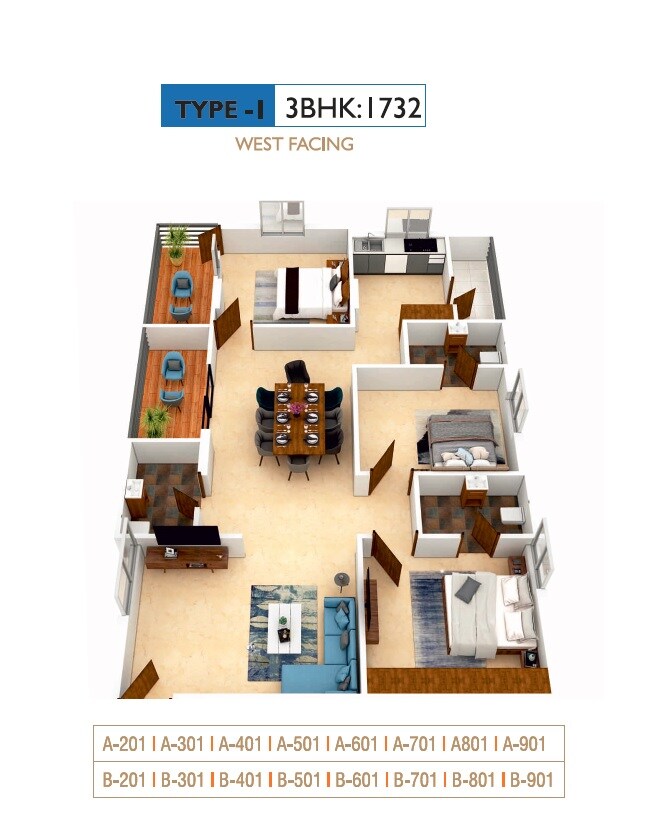 Floor plan of 3 BHK 1732 Sq. Ft. Apartment in Sree Kalpa Pristine, Hyderabad