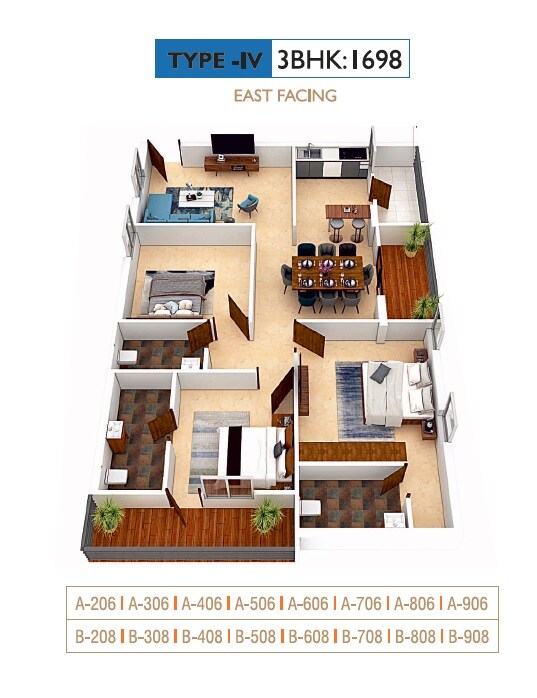 Floor plan of 3 BHK 1698 Sq. Ft. Apartment in Sree Kalpa Pristine, Hyderabad