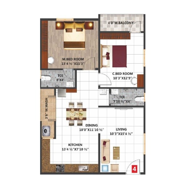 Floor plan of 2 BHK 1190 Sq. Ft. Apartment in Sree Laxmi Gardenia, Hyderabad