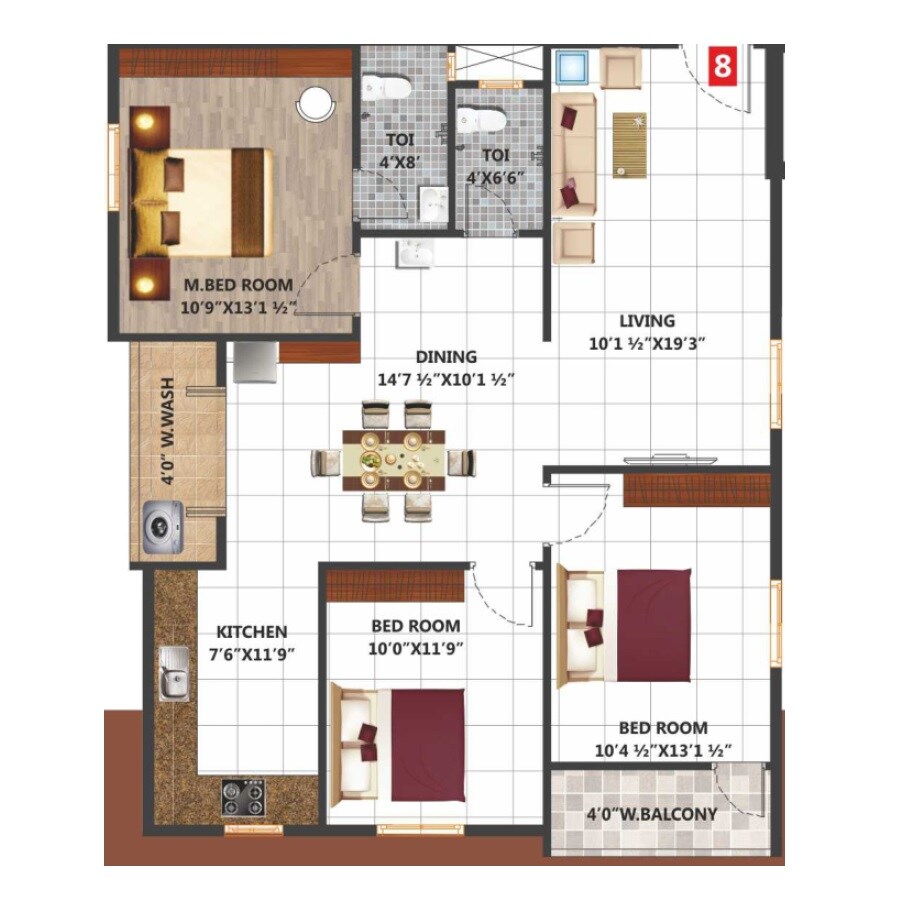 Floor plan of 3 BHK 1435 Sq. Ft. Apartment in Sree Laxmi Gardenia, Hyderabad