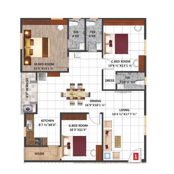 Floor plan of 3 BHK 1490 Sq. Ft. Apartment in Sree Laxmi Gardenia, Hyderabad