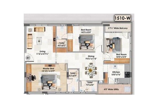 Floor plan of 3 BHK 1510 Sq. Ft. Apartment in Sree Laxmi Royale, Hyderabad