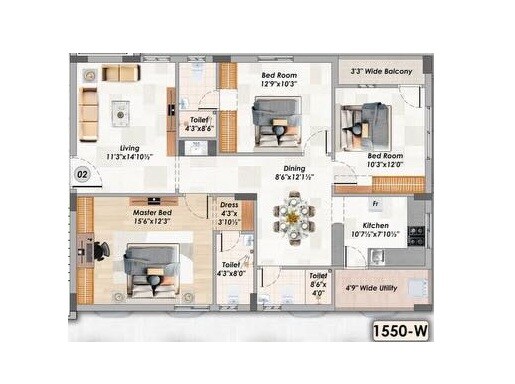 Floor plan of 3 BHK 1550 Sq. Ft. Apartment in Sree Laxmi Royale, Hyderabad