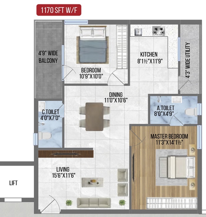 2 BHK 1170 Sq. Ft. Apartment in Sree Nandan Homes