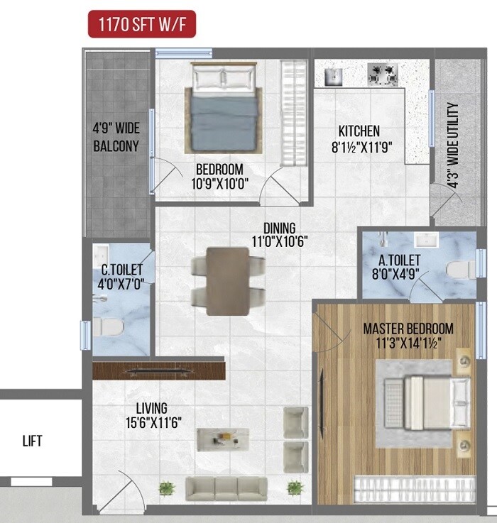 Floor plan of 2 BHK 1170 Sq. Ft. Apartment in Sree Nandan Homes, Hyderabad