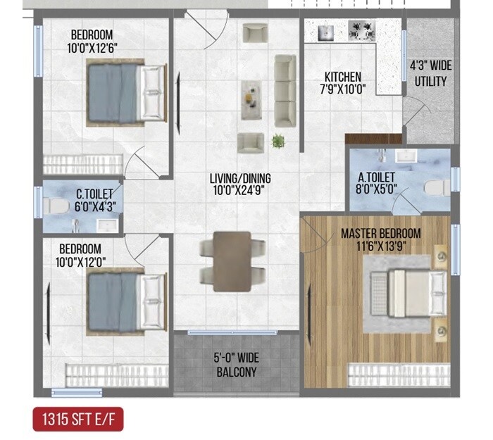 Floor plan of 3 BHK 1315 Sq. Ft. Apartment in Sree Nandan Homes, Hyderabad