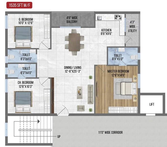 Floor plan of 3 BHK 1535 Sq. Ft. Apartment in Sree Nandan Homes, Hyderabad