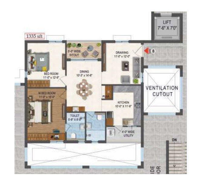 Floor plan of 2 BHK 1335 Sq. Ft. Apartment in Sree Nandan Krishna Vanam, Hyderabad