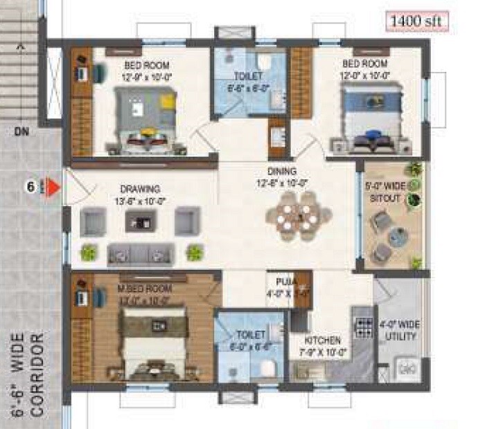 Floor plan of 3 BHK 1400 Sq. Ft. Apartment in Sree Nandan Krishna Vanam, Hyderabad