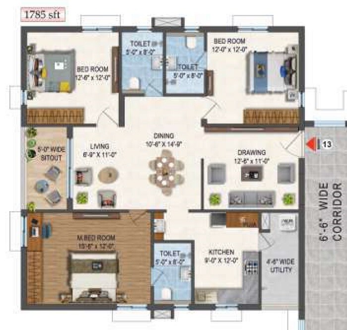 Floor plan of 3 BHK 1785 Sq. Ft. Apartment in Sree Nandan Krishna Vanam, Hyderabad
