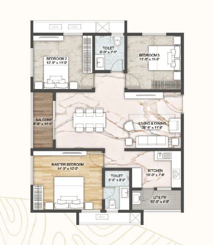 Floor plan of 3 BHK Apartment - 1453 sq. ft. in Sree Varaaha Swar Tattvam, Hyderabad