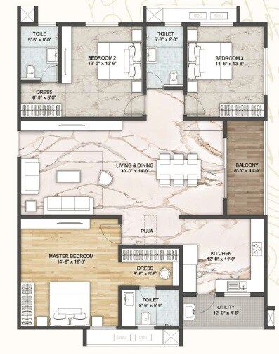 Floor plan of 3 BHK Apartment - 2153 sq. ft. in Sree Varaaha Swar Tattvam, Hyderabad