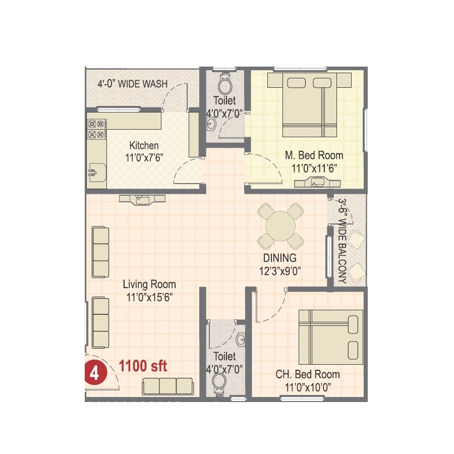 Floor plan of 2 BHK 1170 Sq. Ft. Apartment in Sree Vista, Hyderabad