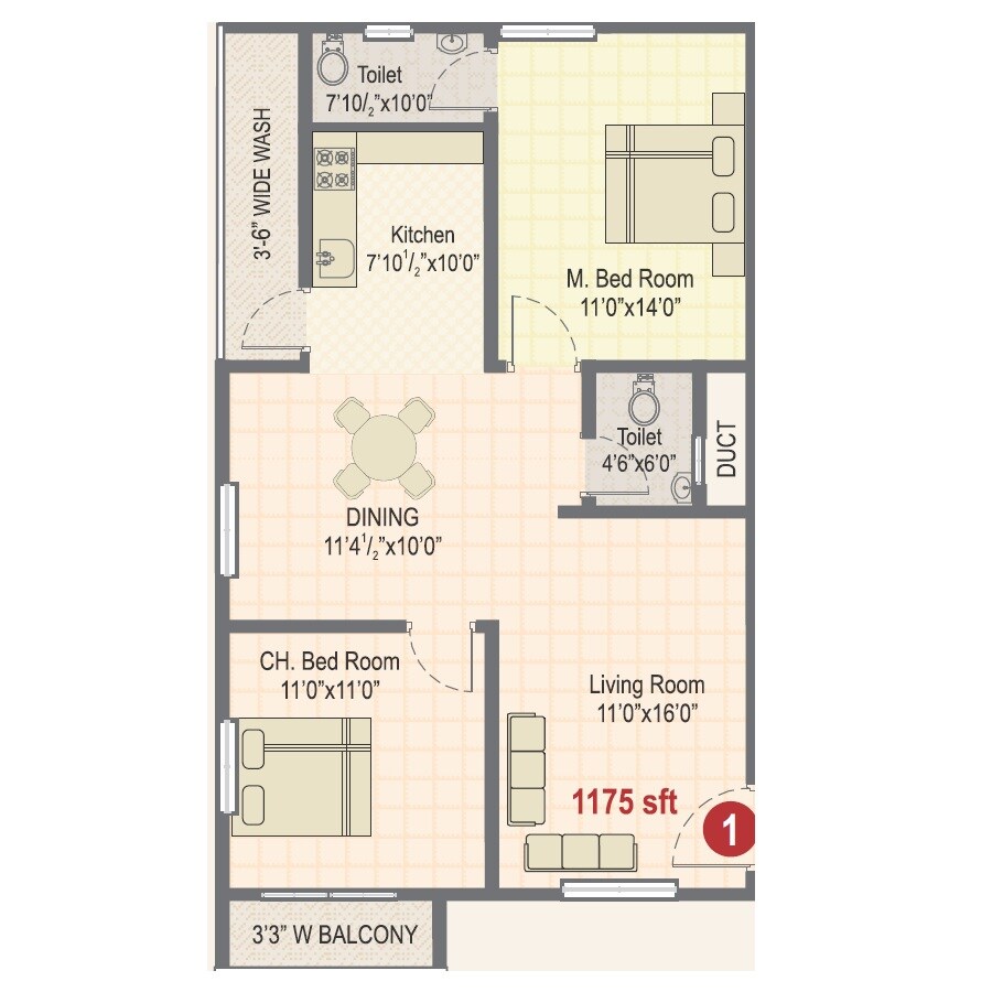 Floor plan of 2 BHK 1175 Sq. Ft. Apartment in Sree Vista, Hyderabad