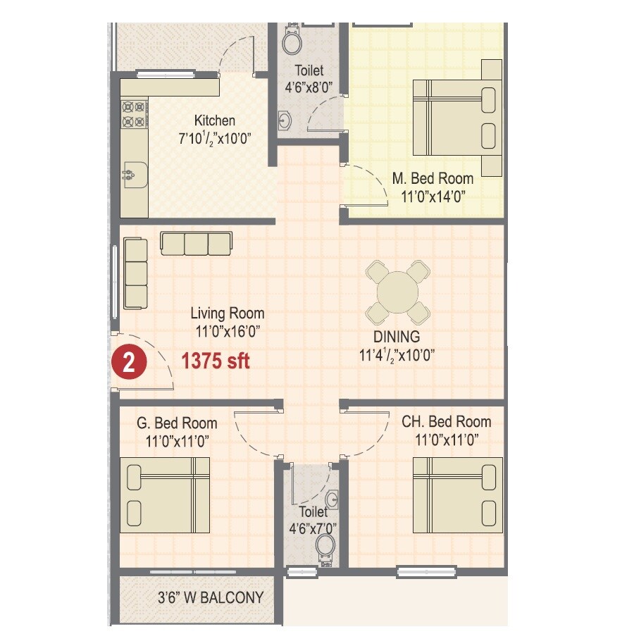 Floor plan of 3 BHK 1375 Sq. Ft. Apartment in Sree Vista, Hyderabad