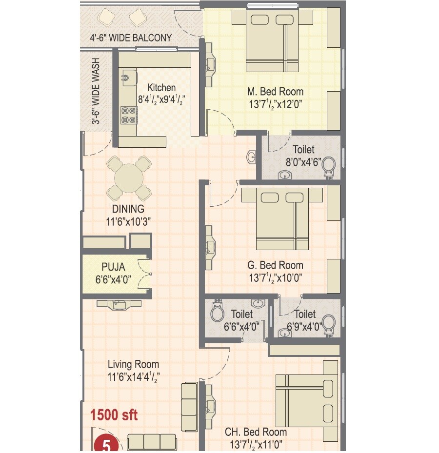 Floor plan of 3 BHK 1500 Sq. Ft. Apartment in Sree Vista, Hyderabad