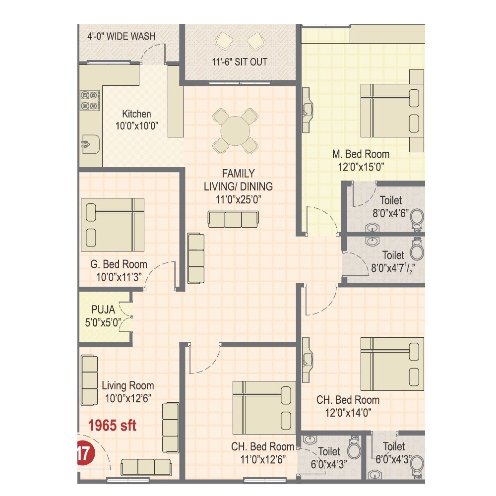 Floor plan of 4 BHK 1965 Sq. Ft. Apartment in Sree Vista, Hyderabad