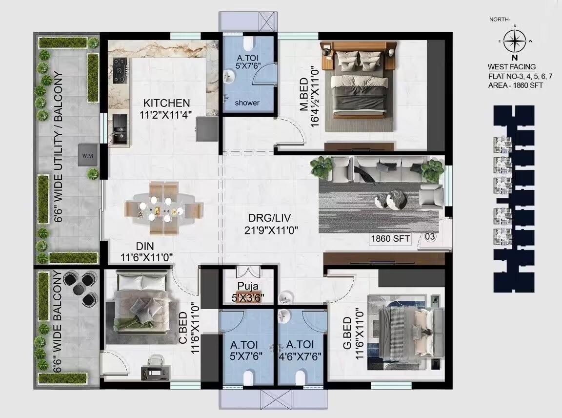 Floor plan of 3 BHK 1860 Sq. Ft. Apartment in Sreekalpa Sukhadha, Hyderabad