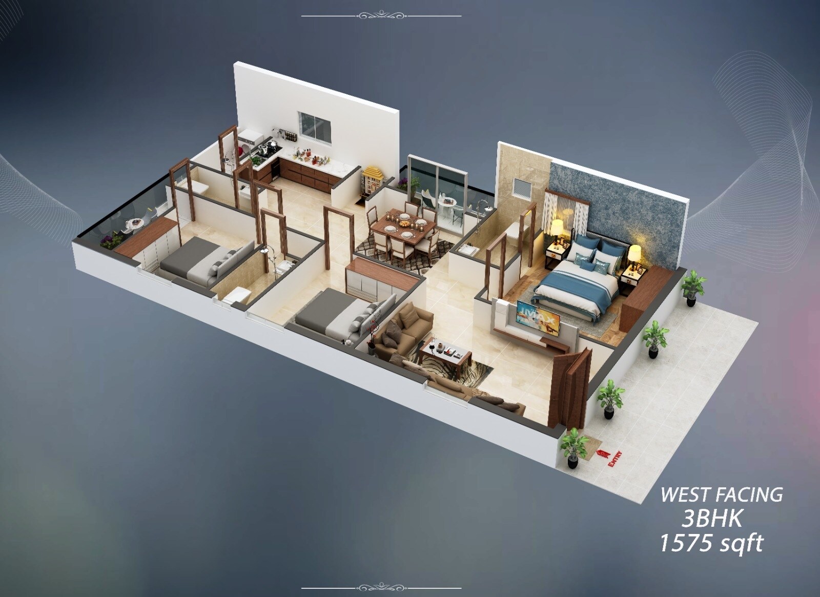 Floor plan of 3 BHK 1575 Sq. Ft. Apartment in Sreenidhi Bhagavatahpriya, Hyderabad