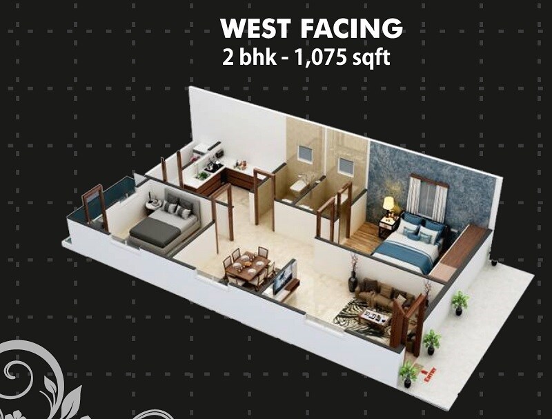 Floor plan of 2 BHK 1075 Sq. Ft. Apartment in Sreenidhi Pundarikaksha, Hyderabad