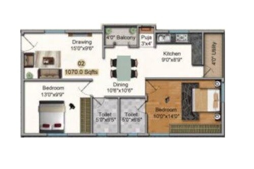 Floor plan of 2 BHK 1070 Sq. Ft. Apartment in Sreenidhi Venkata, Hyderabad