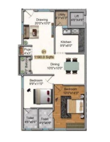 Floor plan of 2 BHK 1190 Sq. Ft. Apartment in Sreenidhi Venkata, Hyderabad
