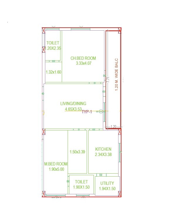Floor plan of 2 BHK 1295 Sq. Ft. Apartment in Sreeram Elite Place, Hyderabad