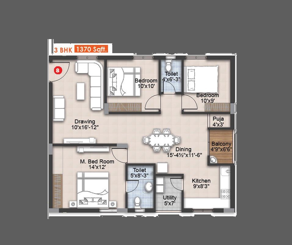 Floor plan of 3 BHK 1370 Sq. Ft. Apartment in Sri Achyuta Art Living Homes, Hyderabad